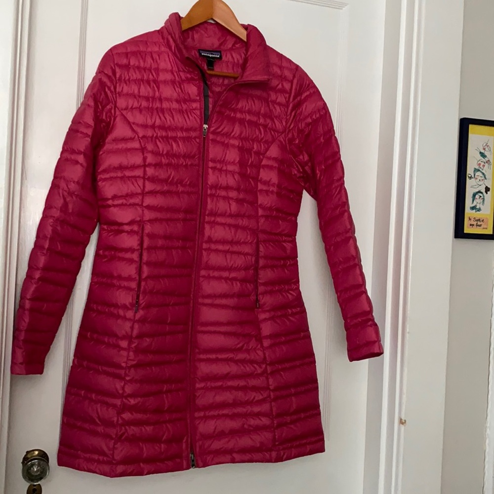 Long Raspberry Patagonia puffer coat